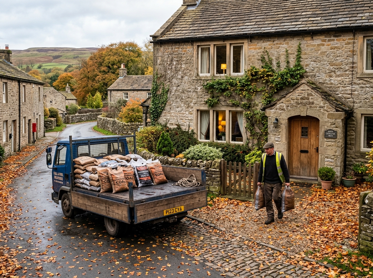 A solid fuel delivery lorry on a village street