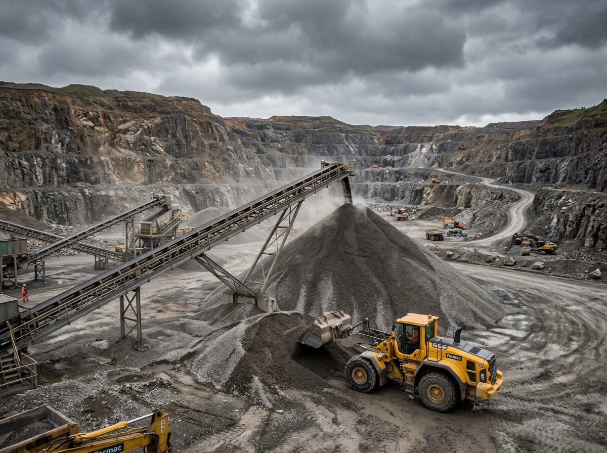 An aerial view of a working quarry with conveyor and stockpiles