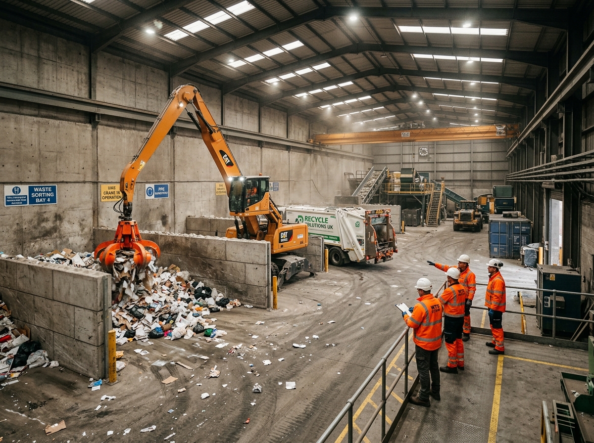 A grab crane sorting material inside a waste transfer station